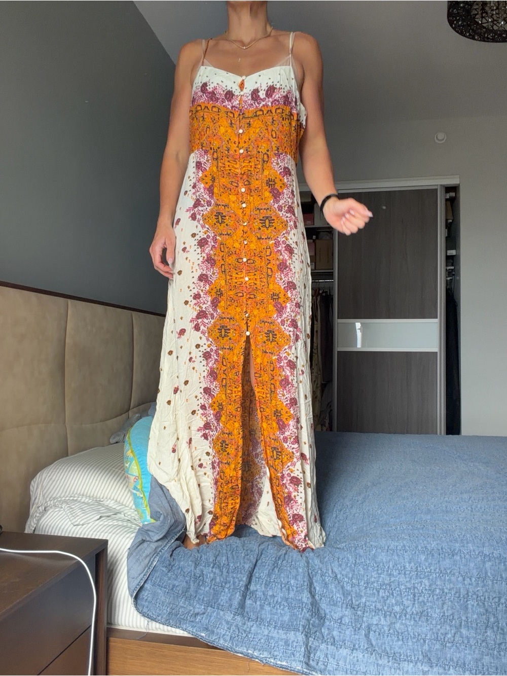 Free People Cream Maxi Dress with Orange & Pink Center Panel